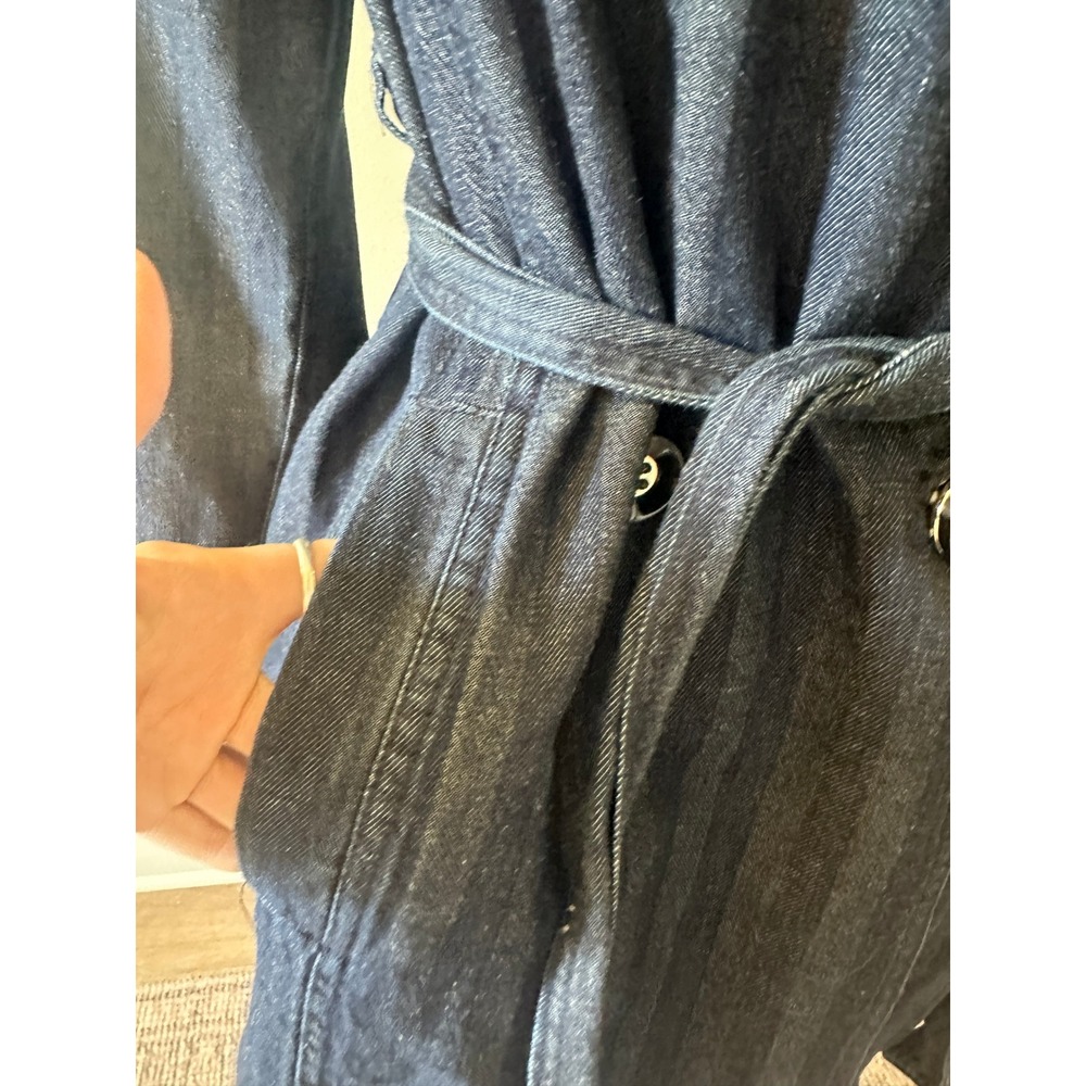 Chicos Dark Wash Denim Trench Coat Double Breasted Herringbone Long Jacket Sz 1 - Picture 8 of 13